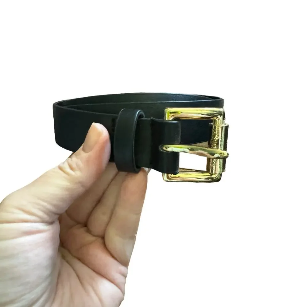 Michael Kors Black Faux Leather Belt Skinny Gold Style Buckle Size 12 Classic